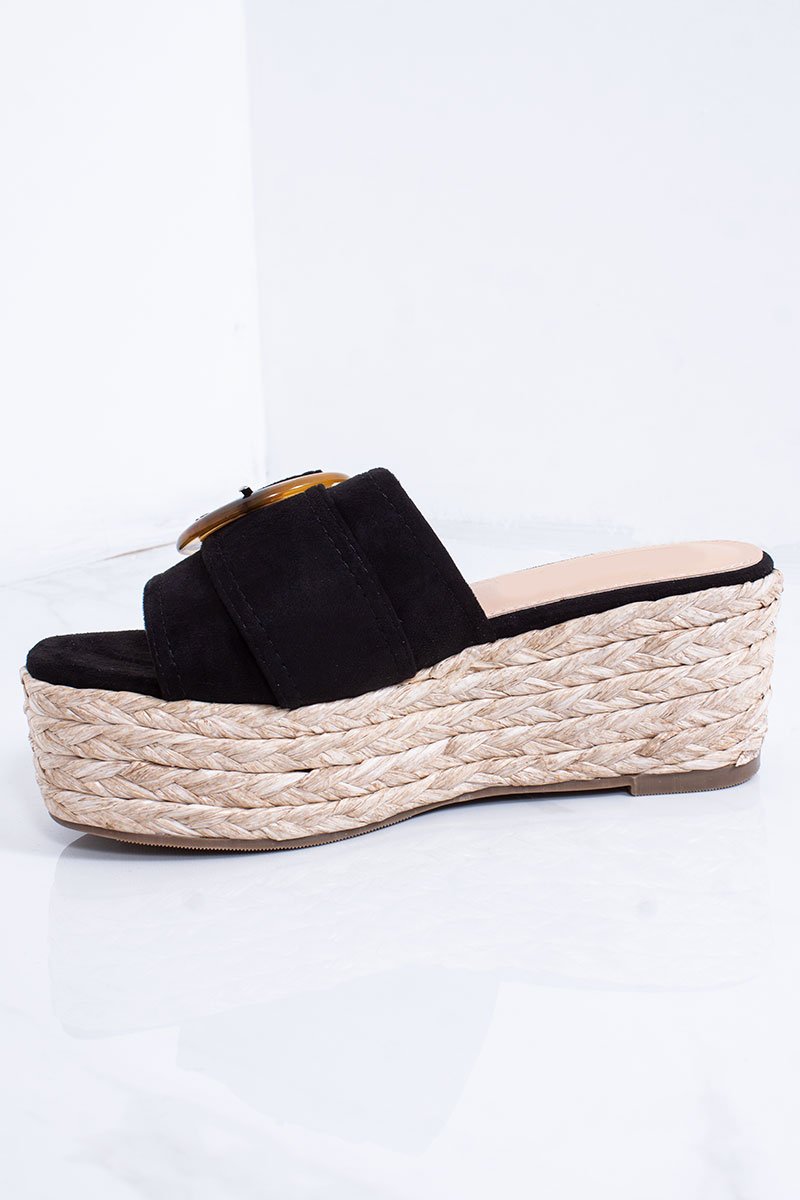 Casey Black Buckle Detail Mule Espadrille Flatform Sandals