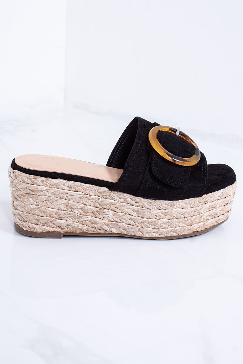 Casey Black Buckle Detail Mule Espadrille Flatform Sandals