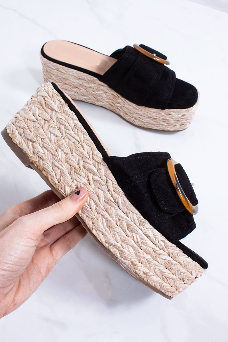 Casey Black Buckle Detail Mule Espadrille Flatform Sandals