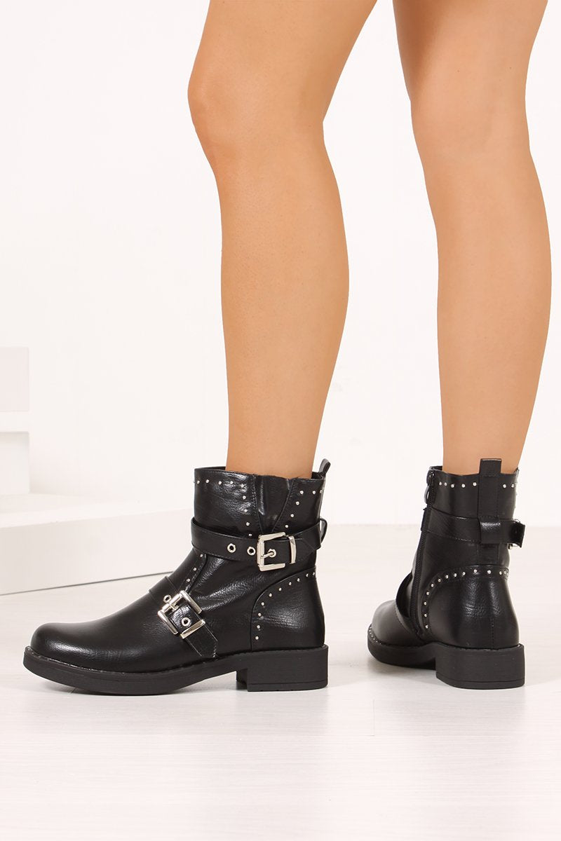 Casey Black Buckle Strap Eyelet Detail Ankle Boots