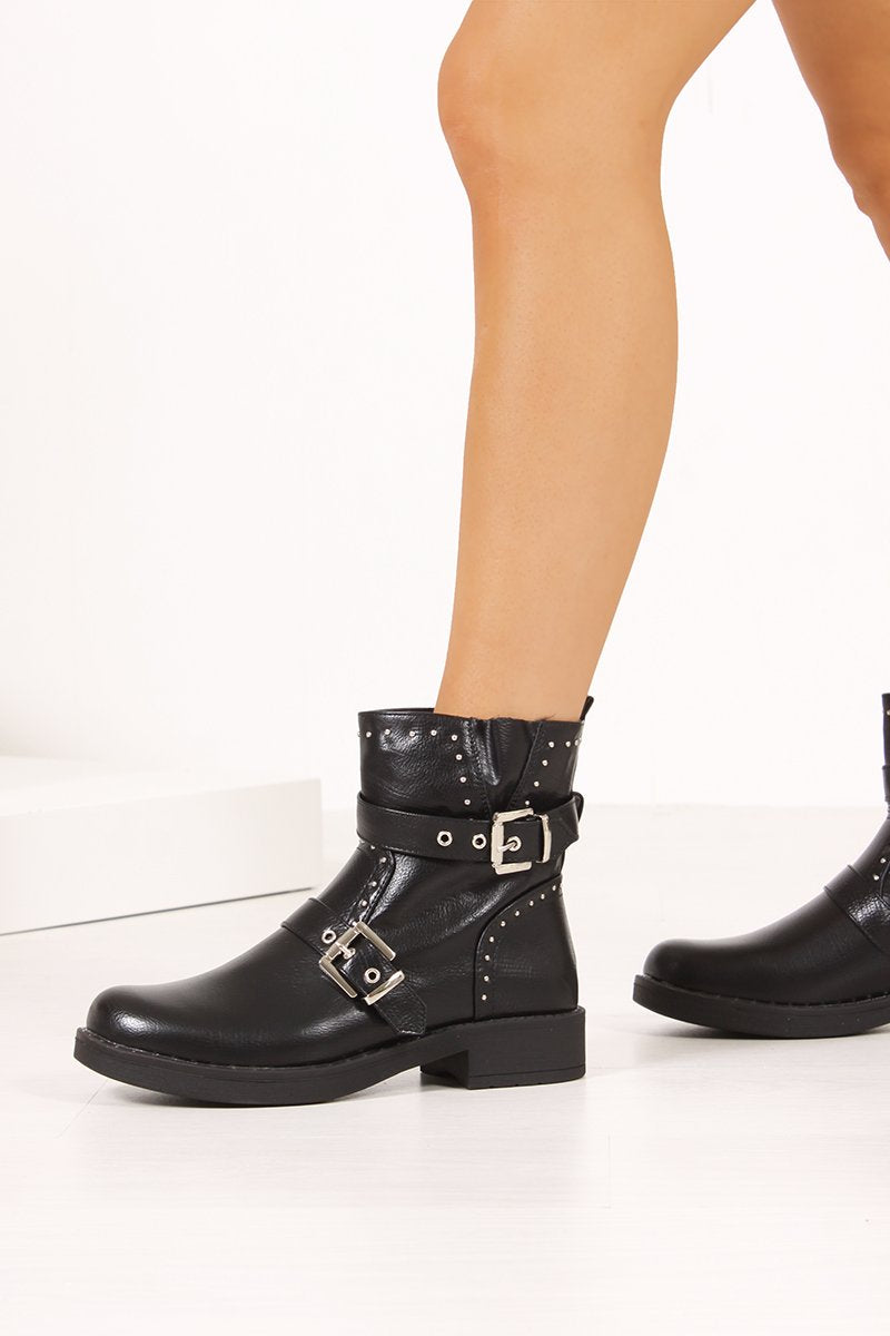 Casey Black Buckle Strap Eyelet Detail Ankle Boots