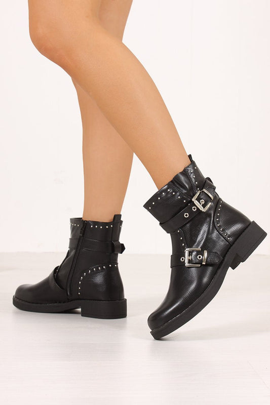 Casey Black Buckle Strap Eyelet Detail Ankle Boots