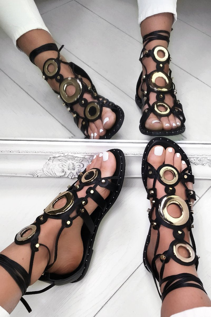 Cassidy Black Gladiator Sandals With Gold Detail