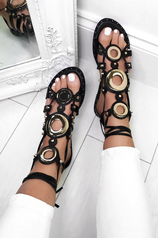 Cassidy Black Gladiator Sandals With Gold Detail