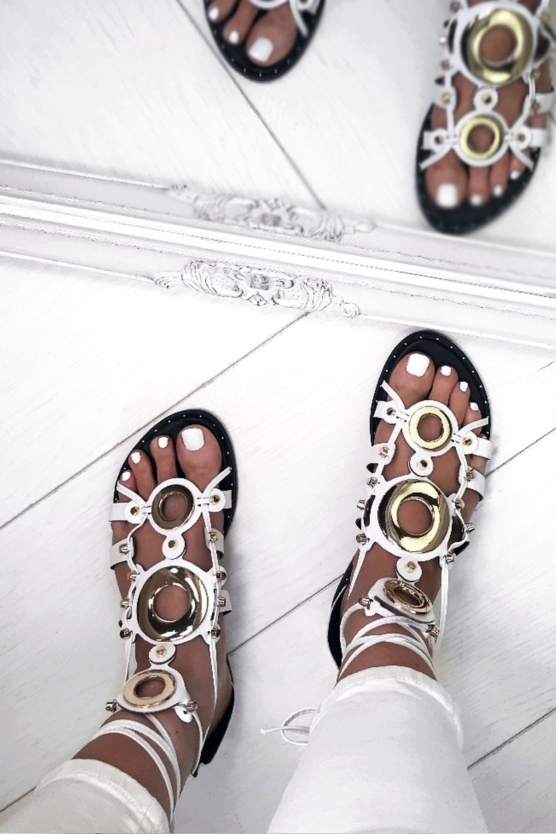 Cassidy White Gladiator Sandals With Gold Detail