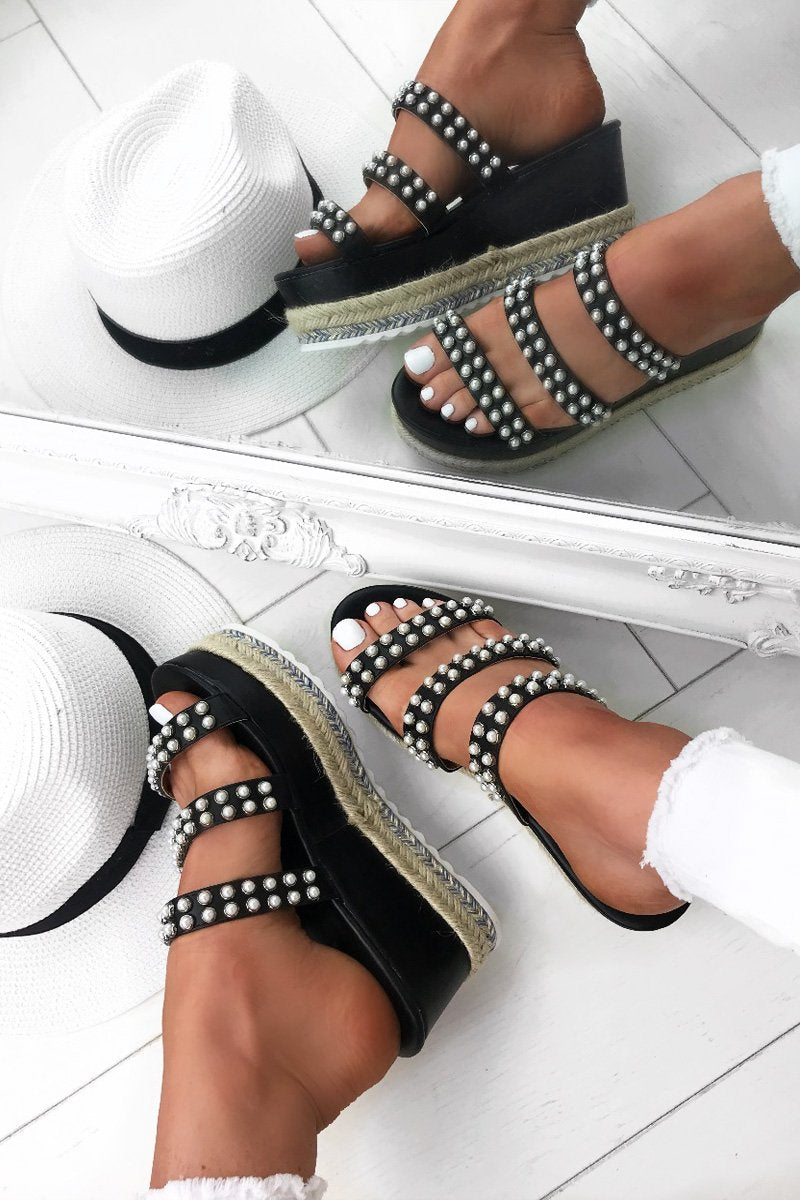 Cassie Black Pearl Espadrille Wedges