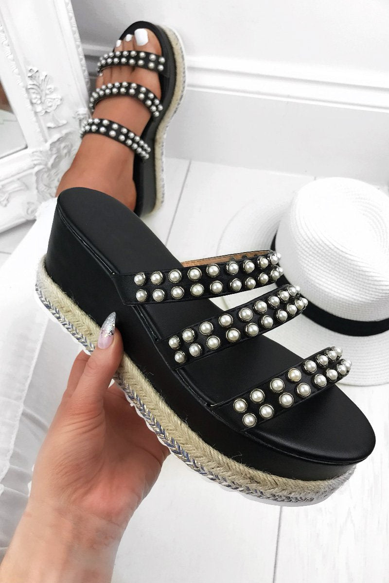 Cassie Black Pearl Espadrille Wedges