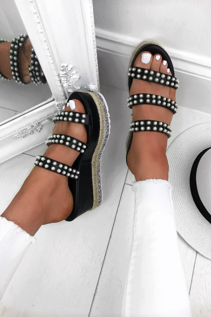 Cassie Black Pearl Espadrille Wedges