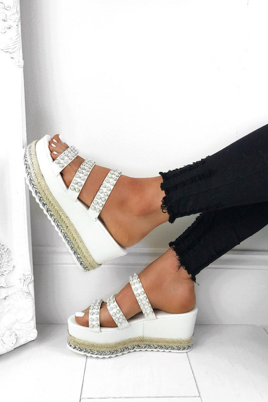 Cassie White Pearl Espadrille Wedges