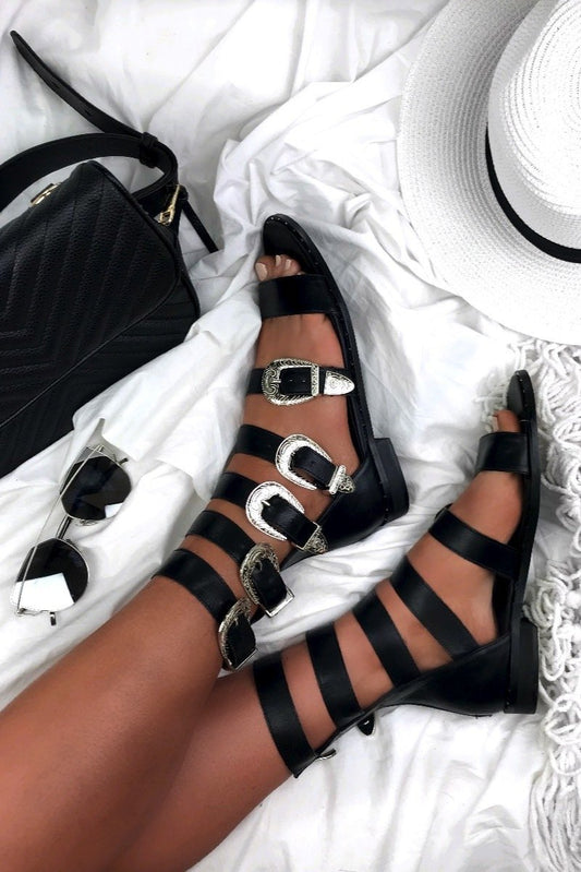 Ciara Black Buckle Gladiator Sandals With Silver Detail