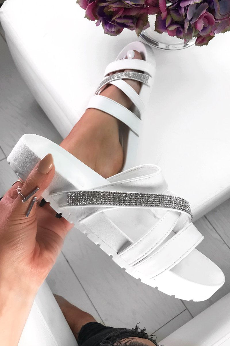 Clarissa White Strappy Diamante Sliders