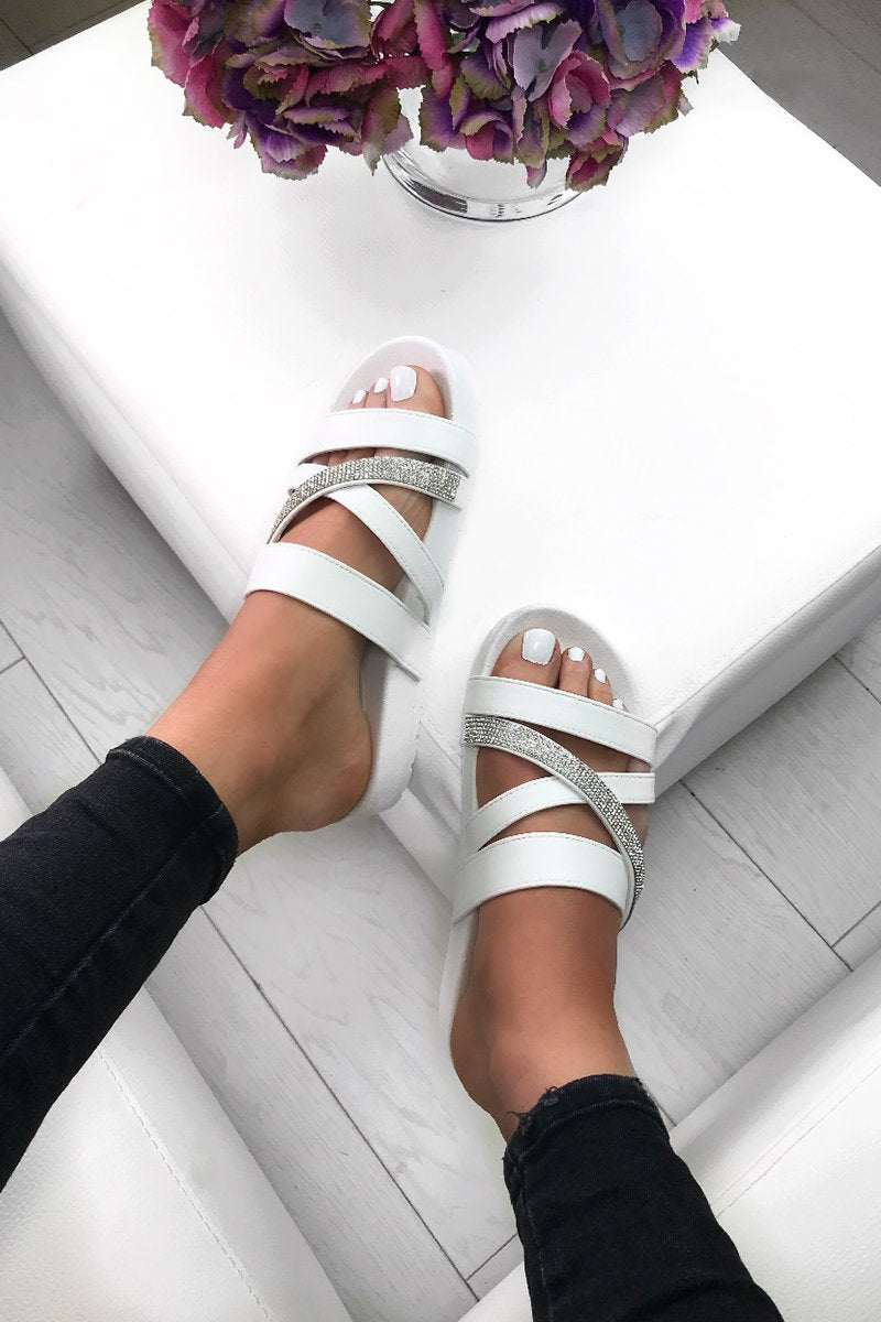 Clarissa White Strappy Diamante Sliders