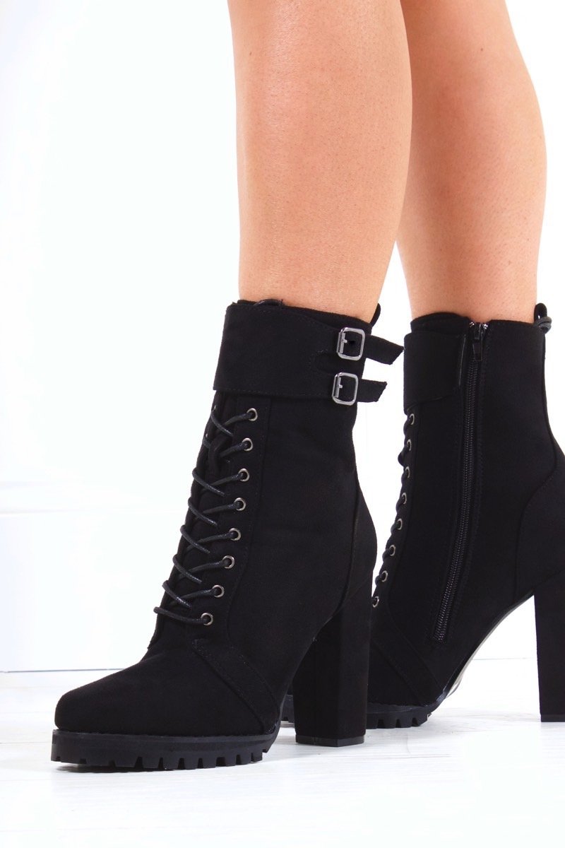 Cleo Black Lace Up Block Heel Boots