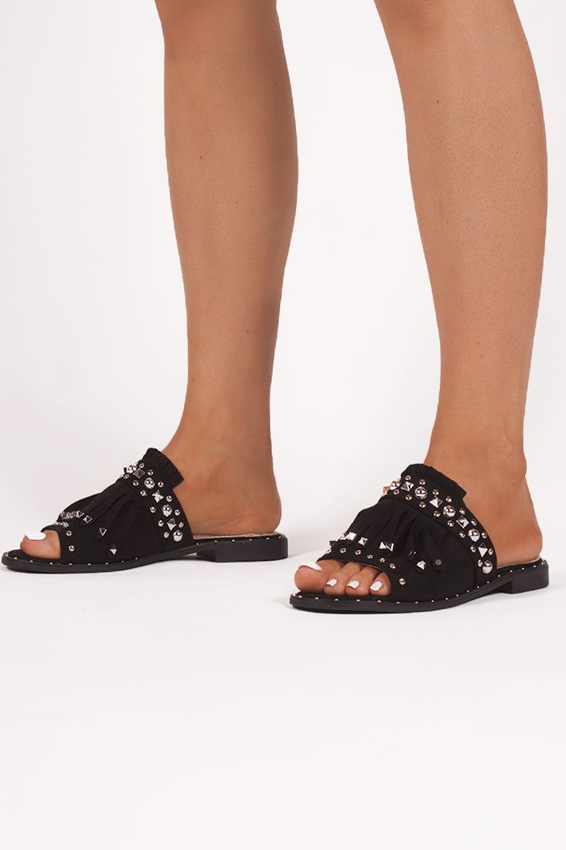 Courtney Black Fringe Sliders With Silver Stud Details