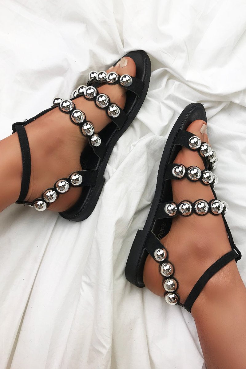 Daisy Black Stud Sandals With Silver Detail