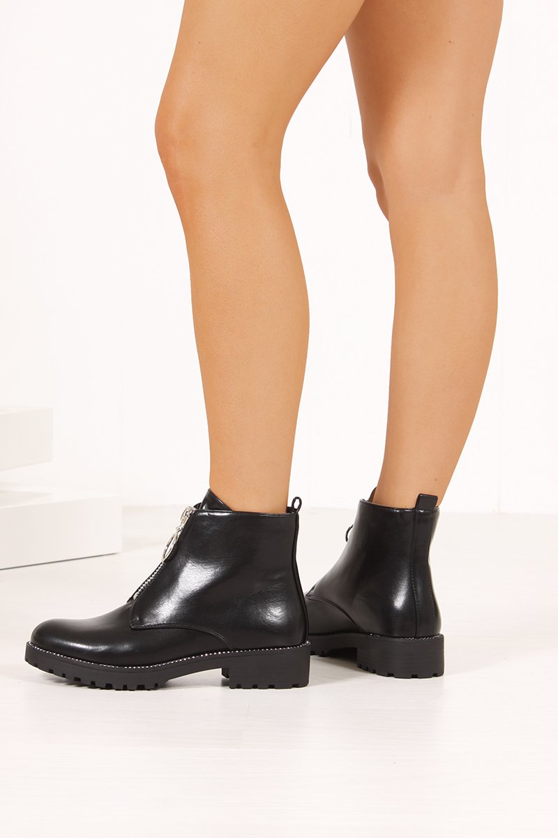 Danni Black Zip Front Diamante Trim Ankle Boots