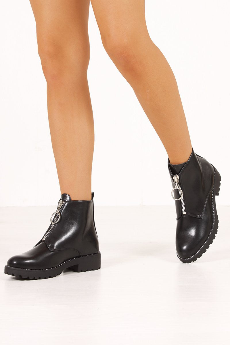 Danni Black Zip Front Diamante Trim Ankle Boots