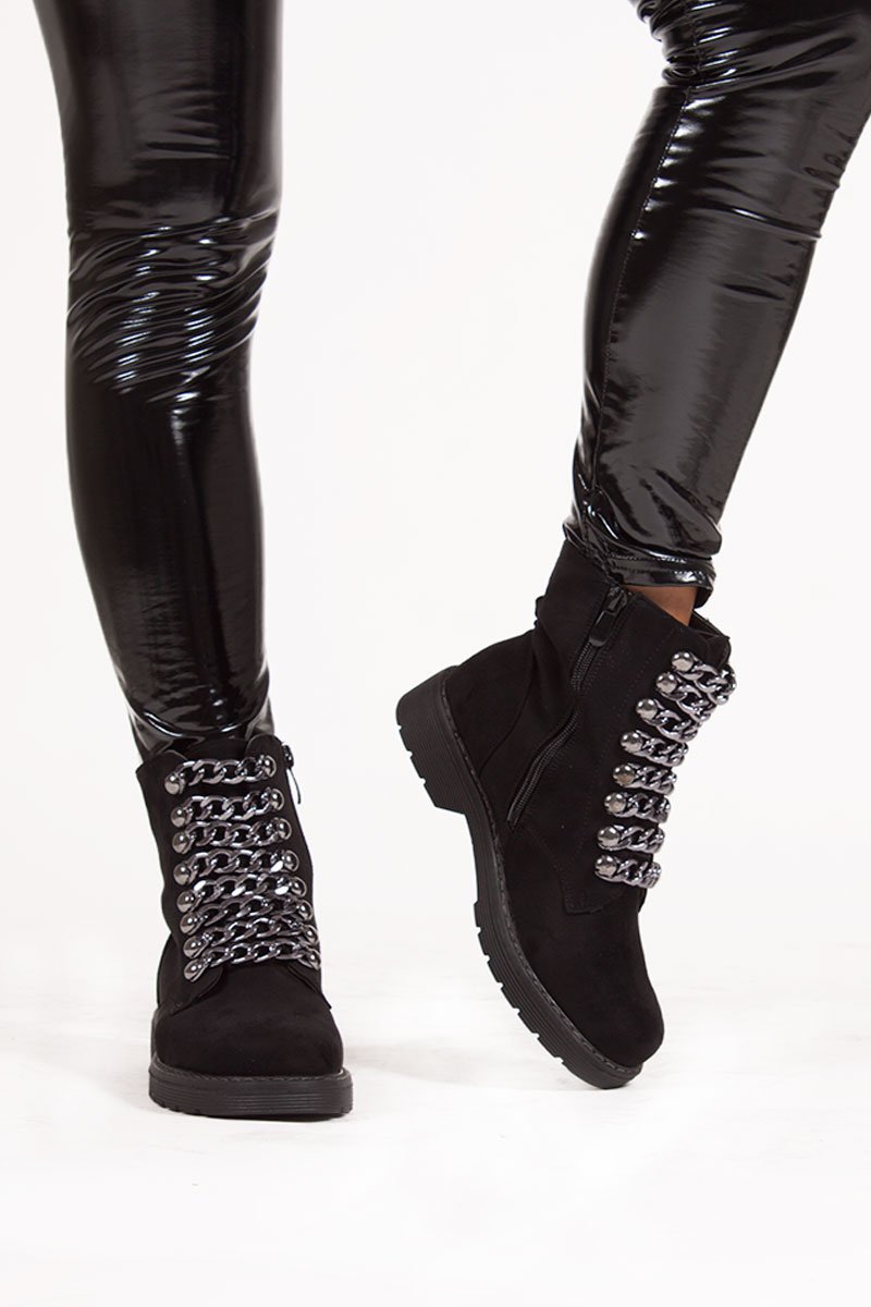 Darcie Black Chunky Biker Boots With Chain Detail