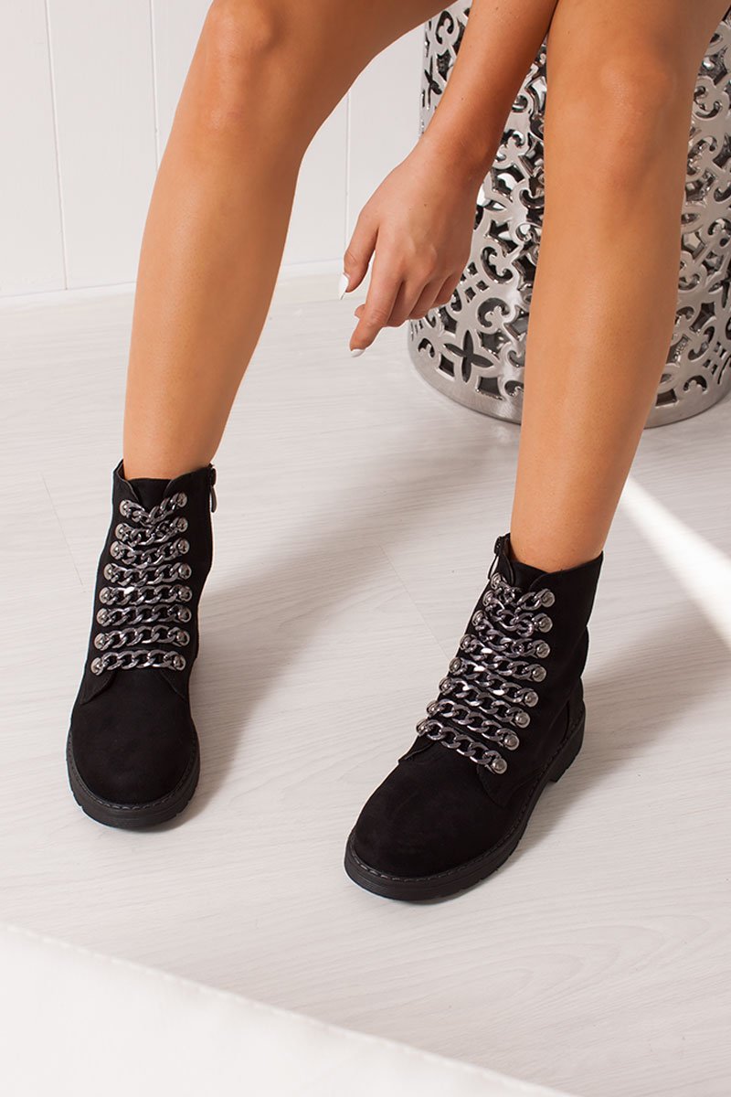 Darcie Black Chunky Biker Boots With Chain Detail