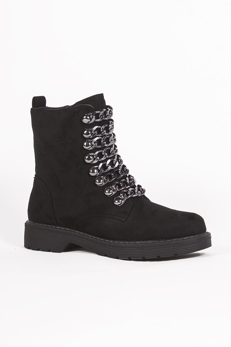 Darcie Black Chunky Biker Boots With Chain Detail