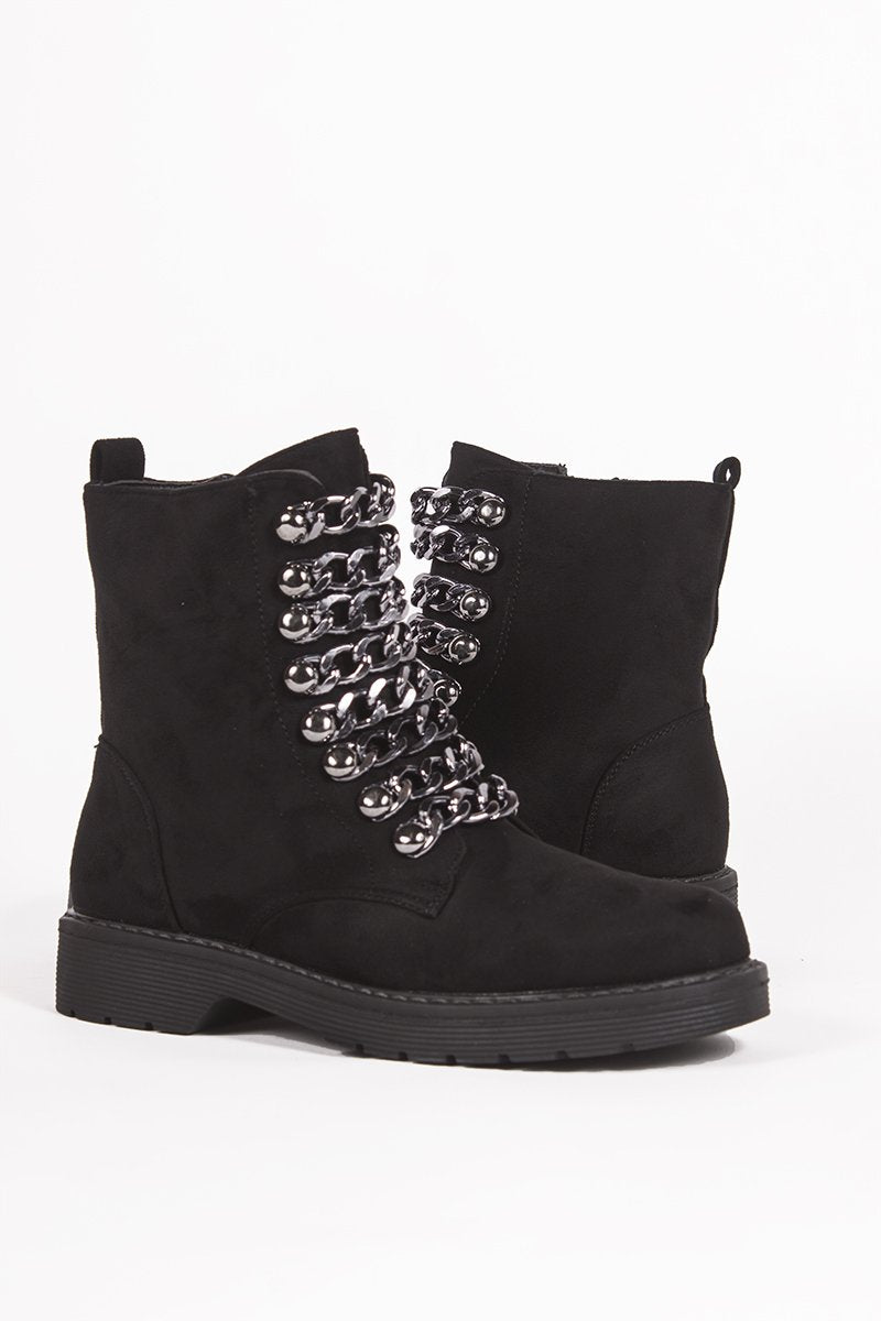 Darcie Black Chunky Biker Boots With Chain Detail