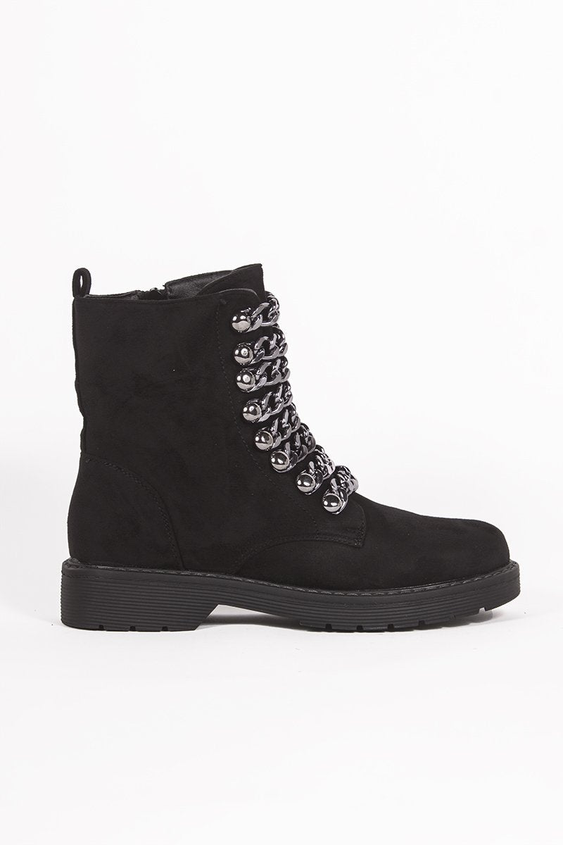 Darcie Black Chunky Biker Boots With Chain Detail