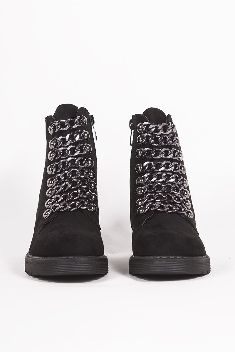 Darcie Black Chunky Biker Boots With Chain Detail