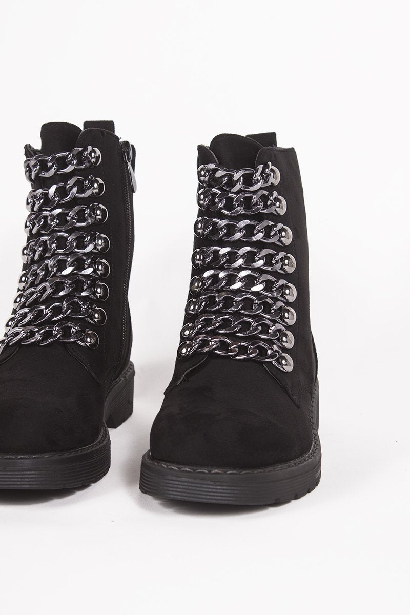 Darcie Black Chunky Biker Boots With Chain Detail