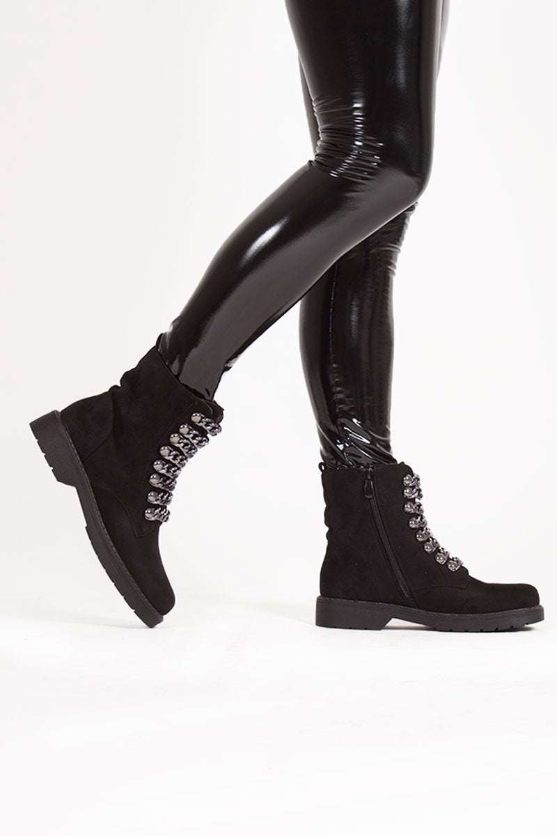 Darcie Black Chunky Biker Boots With Chain Detail