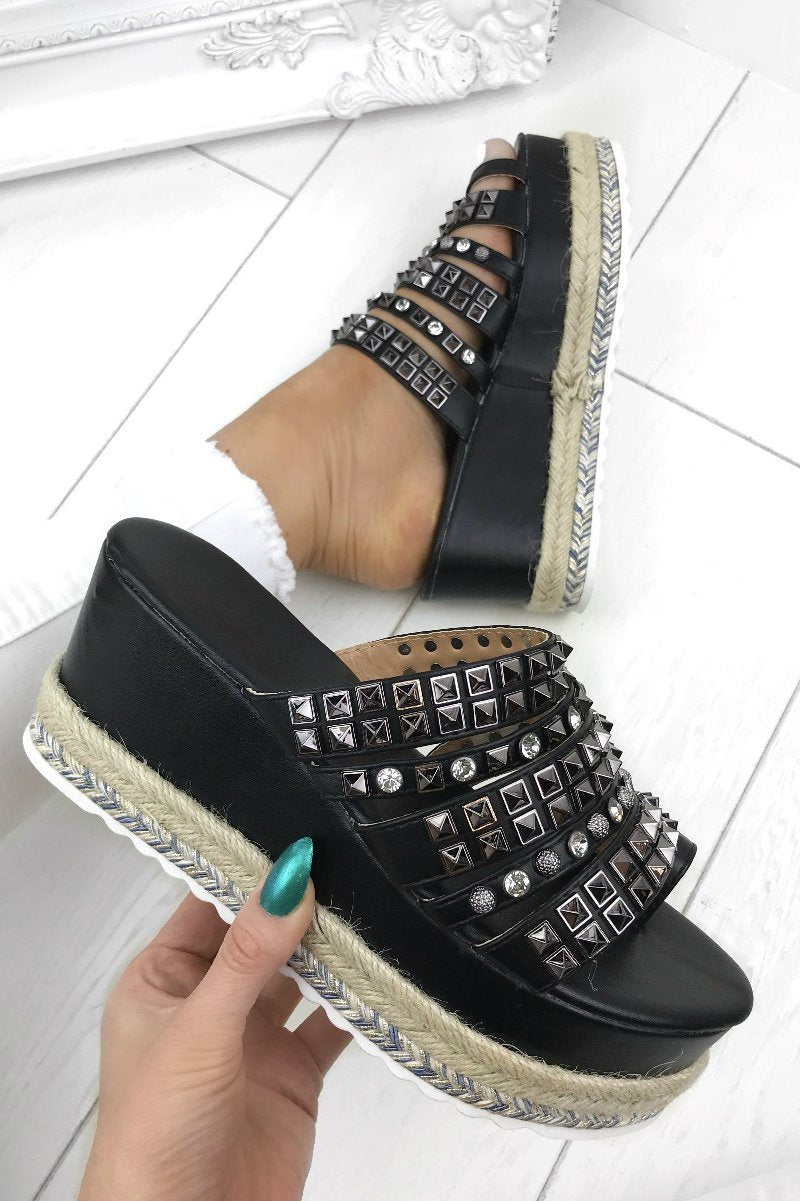 Darcy Black Stud Diamante Espadrille Flatforms With Silver Detail