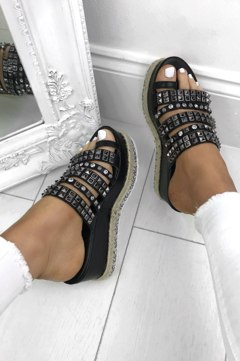 Darcy Black Stud Diamante Espadrille Flatforms With Silver Detail