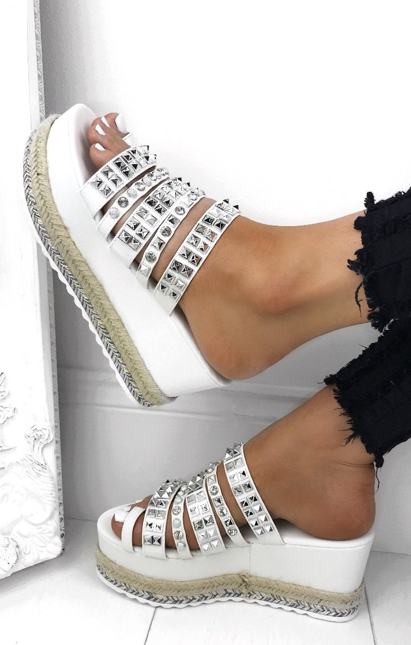 Darcy White Stud Diamante Espadrille Flatforms With Silver Detail