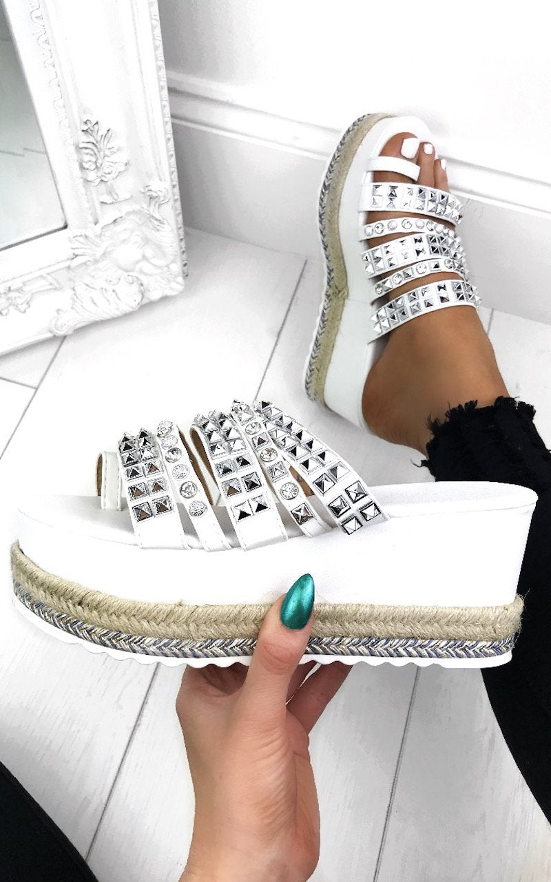 Darcy White Stud Diamante Espadrille Flatforms With Silver Detail