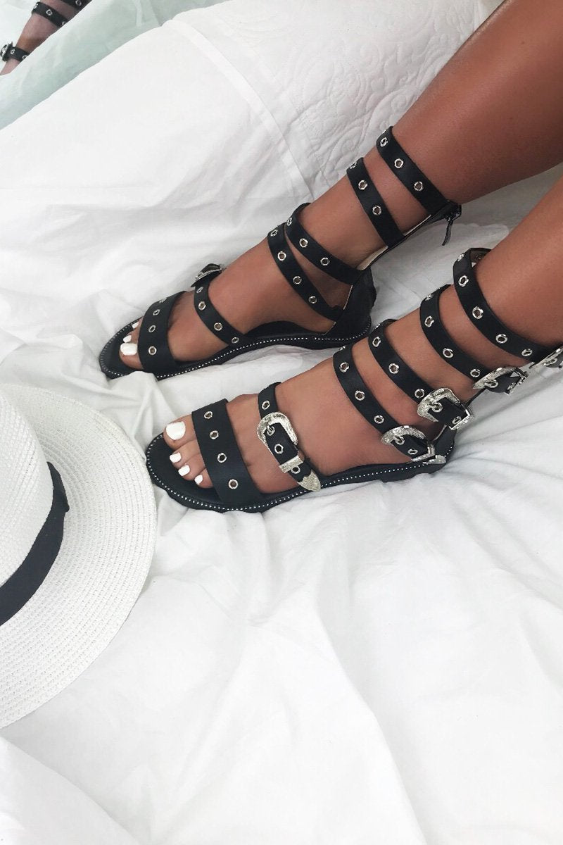 Delilah Black Buckle Gladiator Sandals With Silver Detail