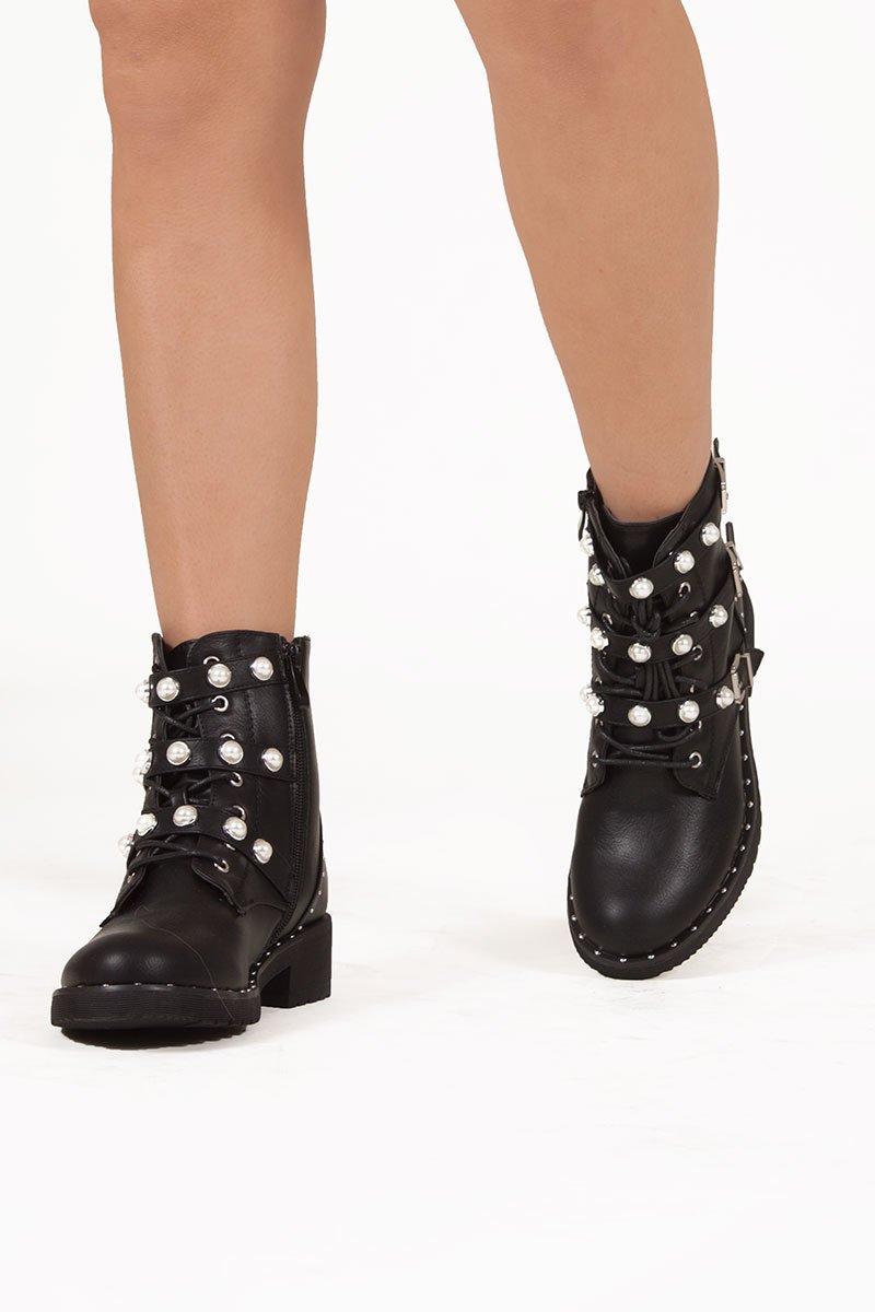 Delilah Black Buckle Strap Embellished Biker Boots