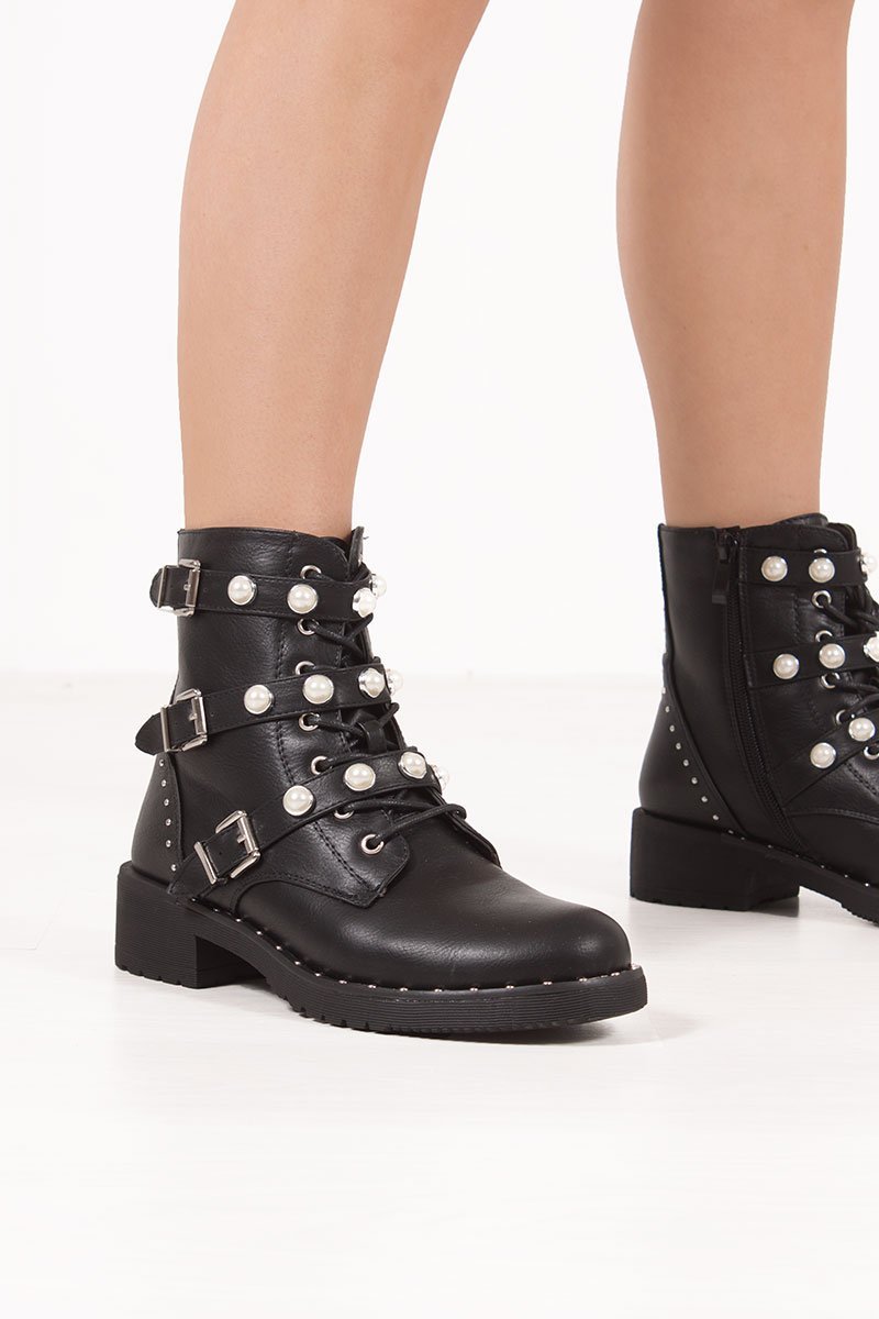 Delilah Black Buckle Strap Embellished Biker Boots