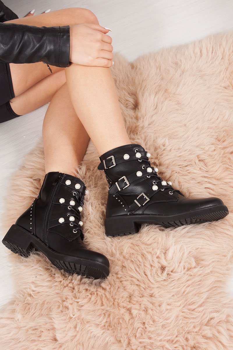 Delilah Black Buckle Strap Embellished Biker Boots