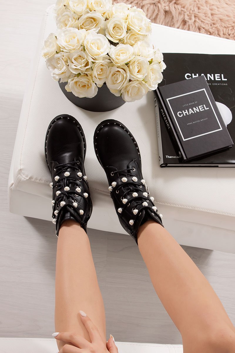 Delilah Black Buckle Strap Embellished Biker Boots