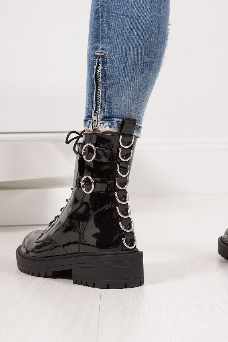 Demi Black Patent Silver Ring Double Buckle Biker Boots