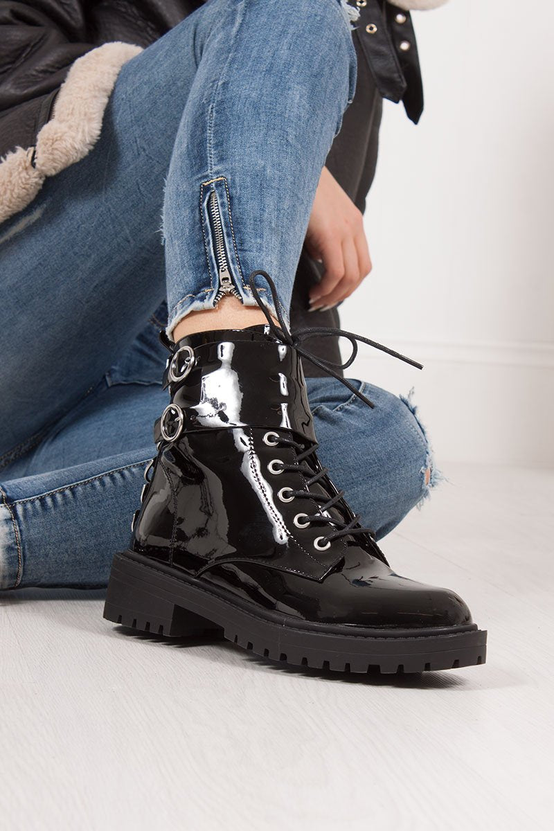 Demi Black Patent Silver Ring Double Buckle Biker Boots