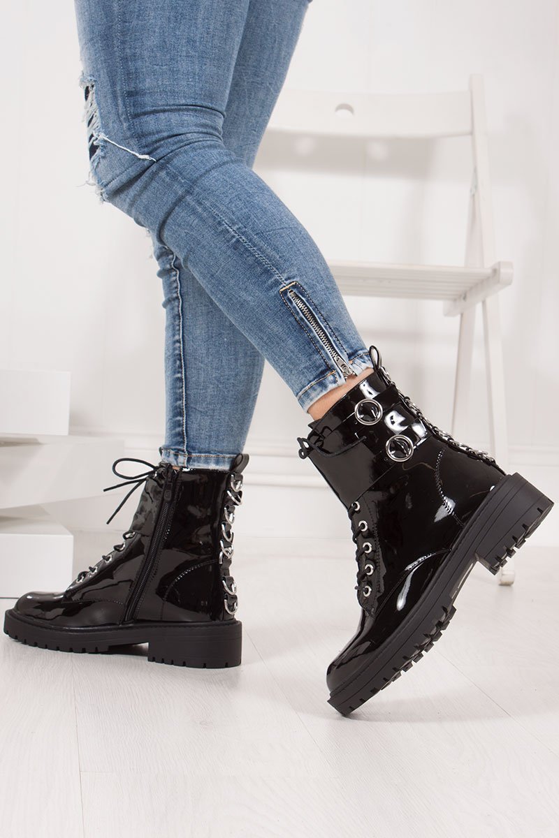 Demi Black Patent Silver Ring Double Buckle Biker Boots