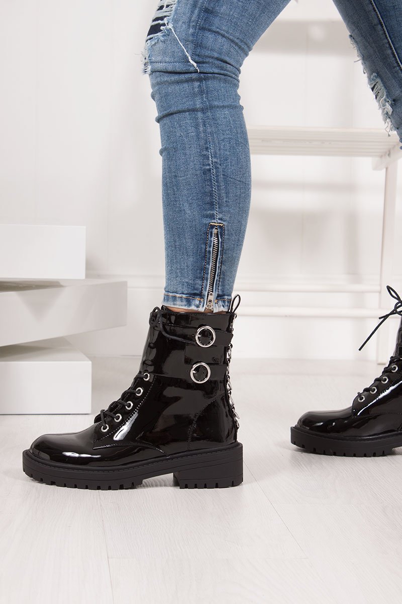 Demi Black Patent Silver Ring Double Buckle Biker Boots