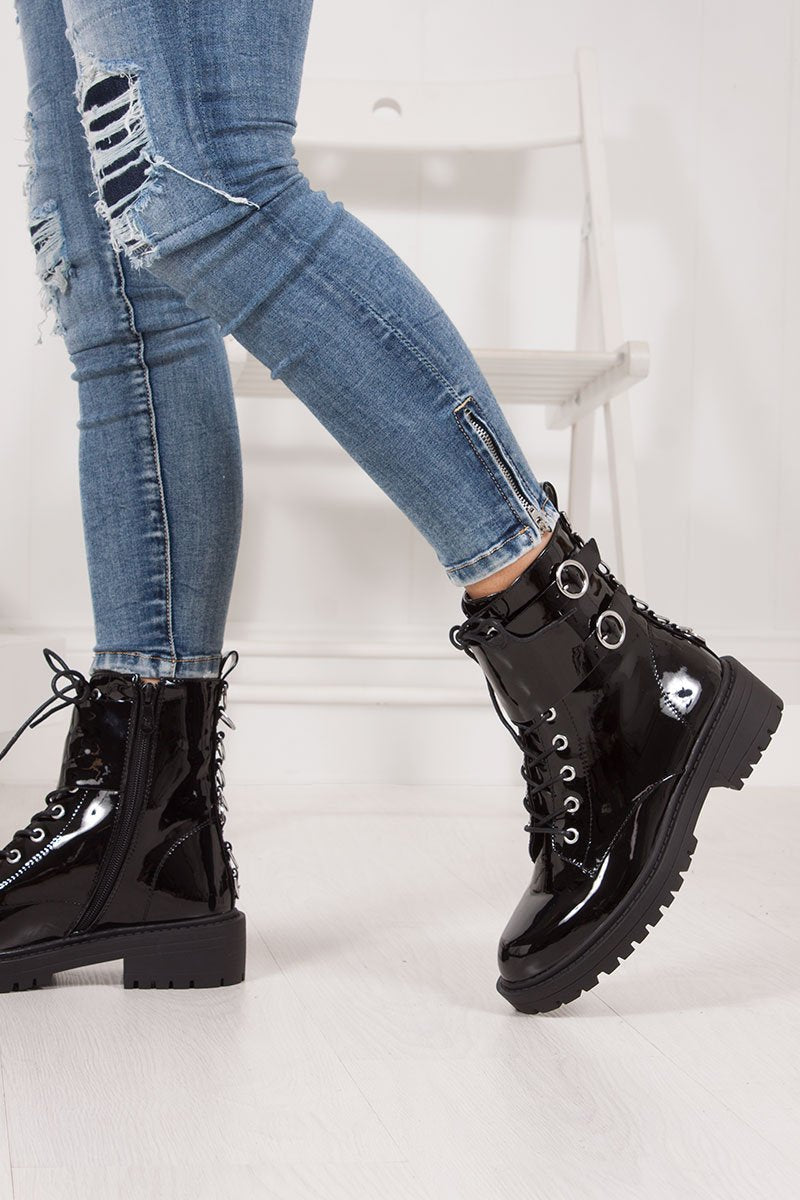 Demi Black Patent Silver Ring Double Buckle Biker Boots