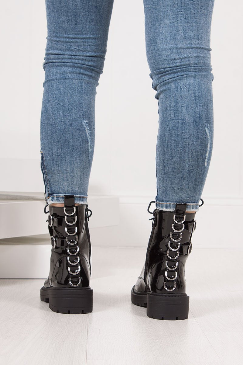 Demi Black Patent Silver Ring Double Buckle Biker Boots