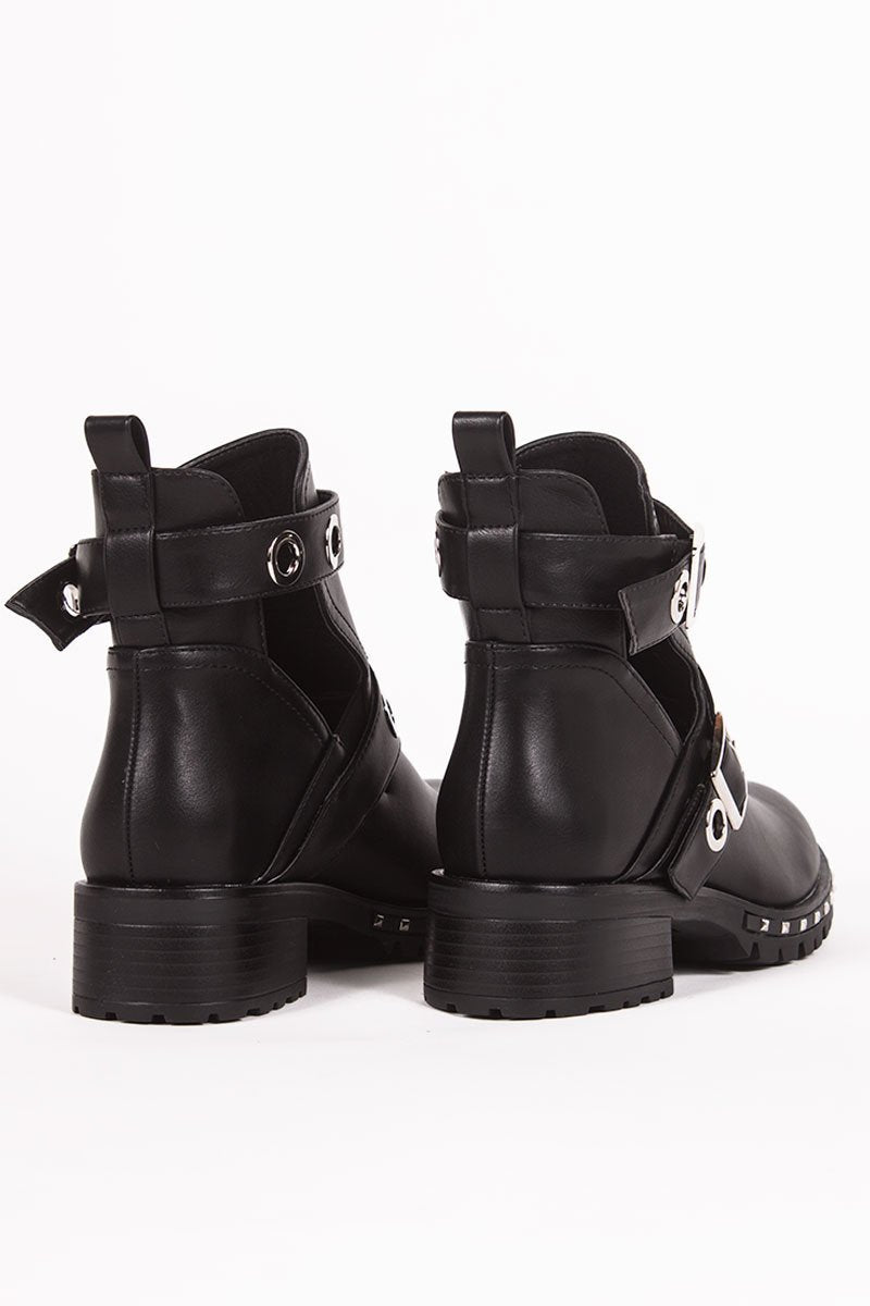 Ebony Black Eyelet Buckle Strap Boots