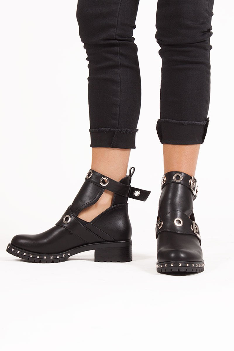 Ebony Black Eyelet Buckle Strap Boots