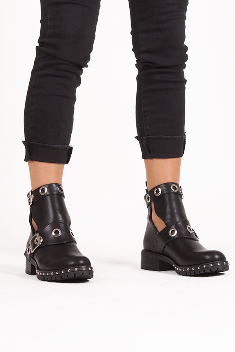 Ebony Black Eyelet Buckle Strap Boots