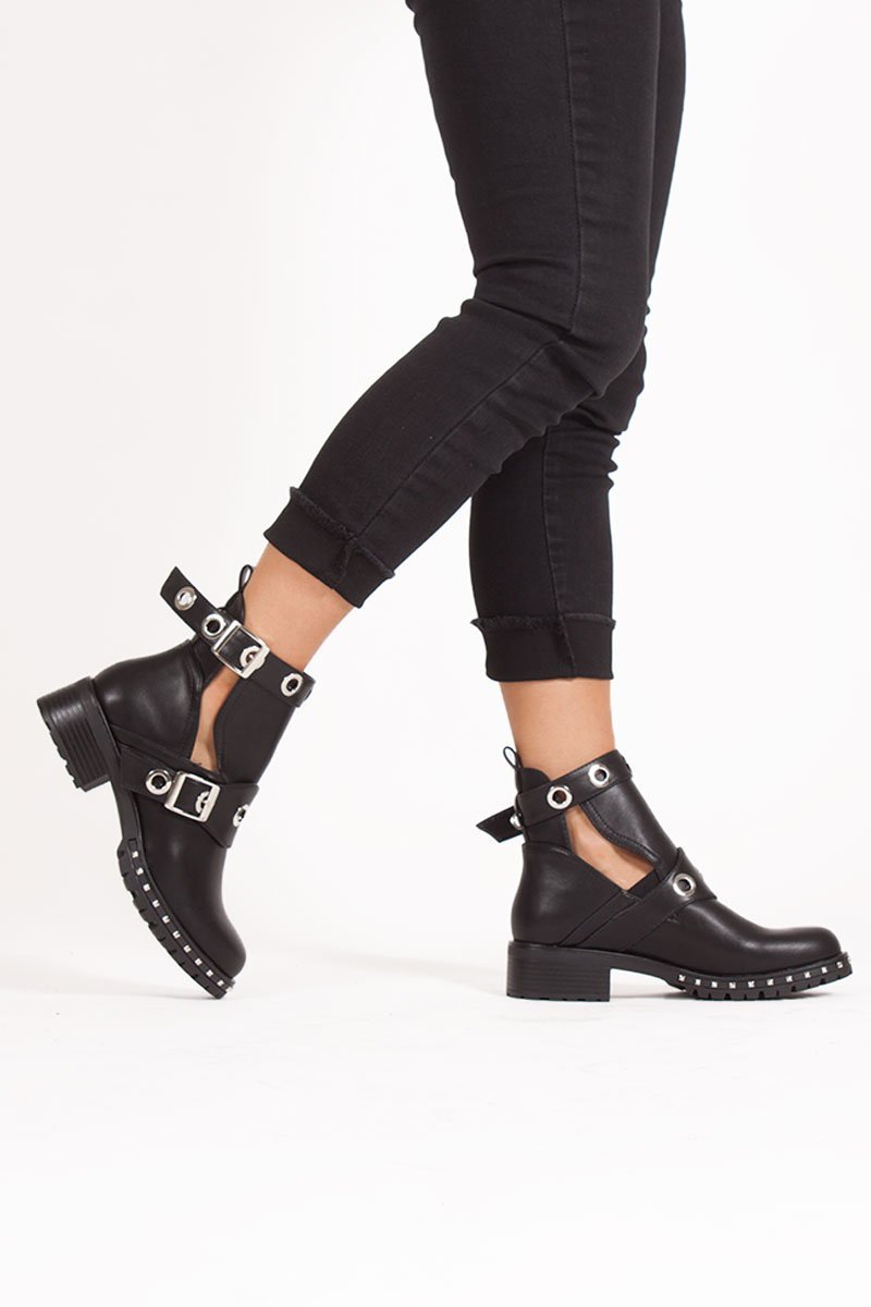 Ebony Black Eyelet Buckle Strap Boots