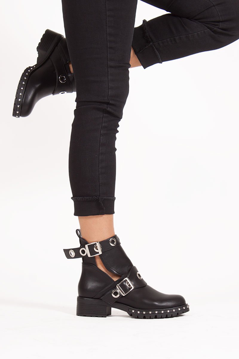 Ebony Black Eyelet Buckle Strap Boots