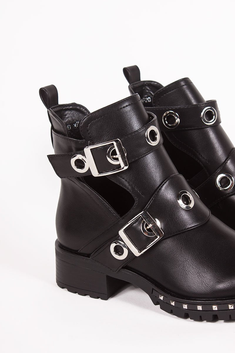 Ebony Black Eyelet Buckle Strap Boots